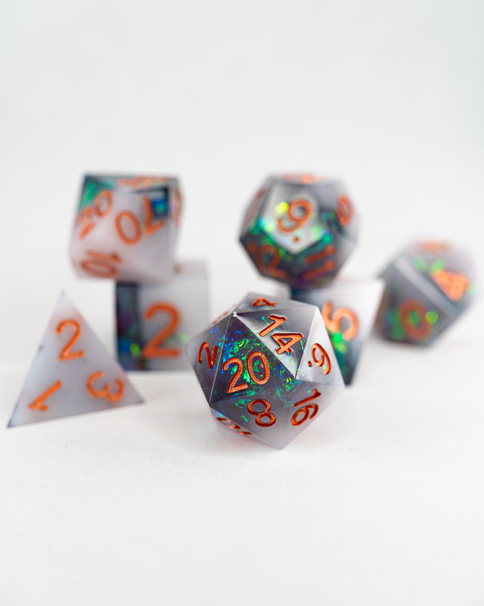 Mystic Marked | 7 Piece Sharp Edge Resin Dice Set - Emberglow Gaming