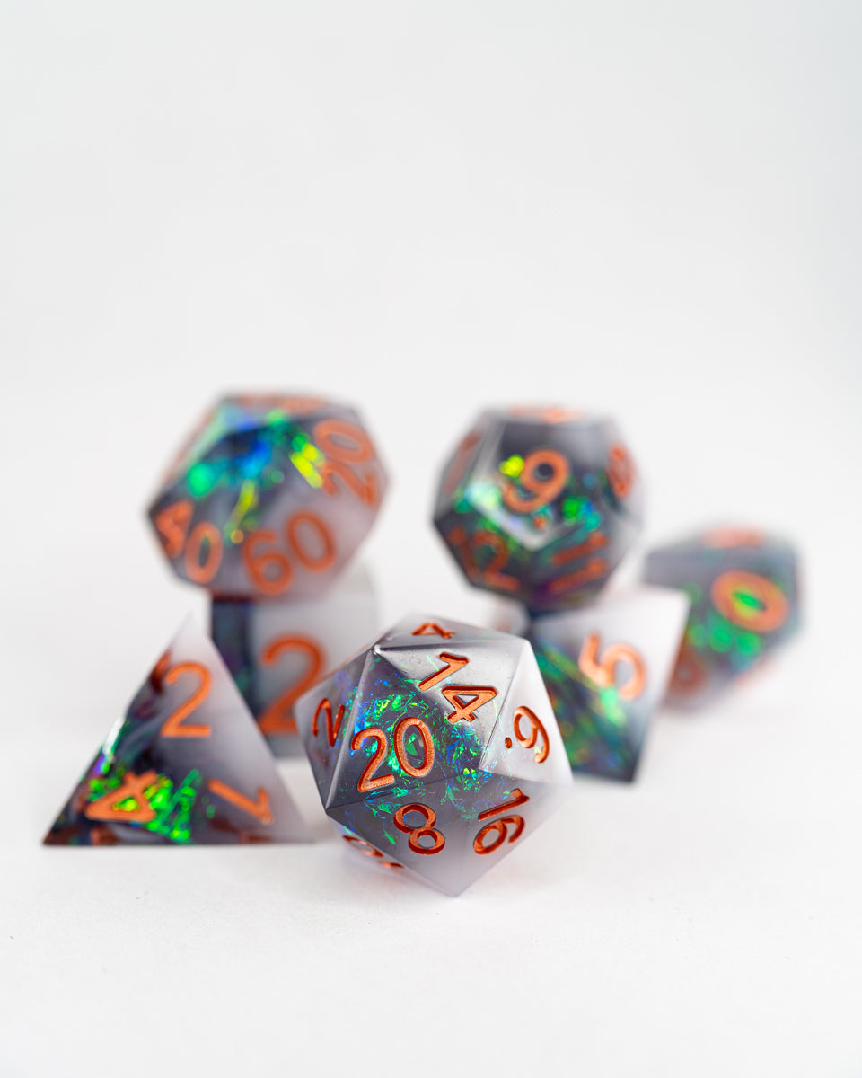 Mystic Marked | 7 Piece Sharp Edge Resin Dice Set - Emberglow Gaming