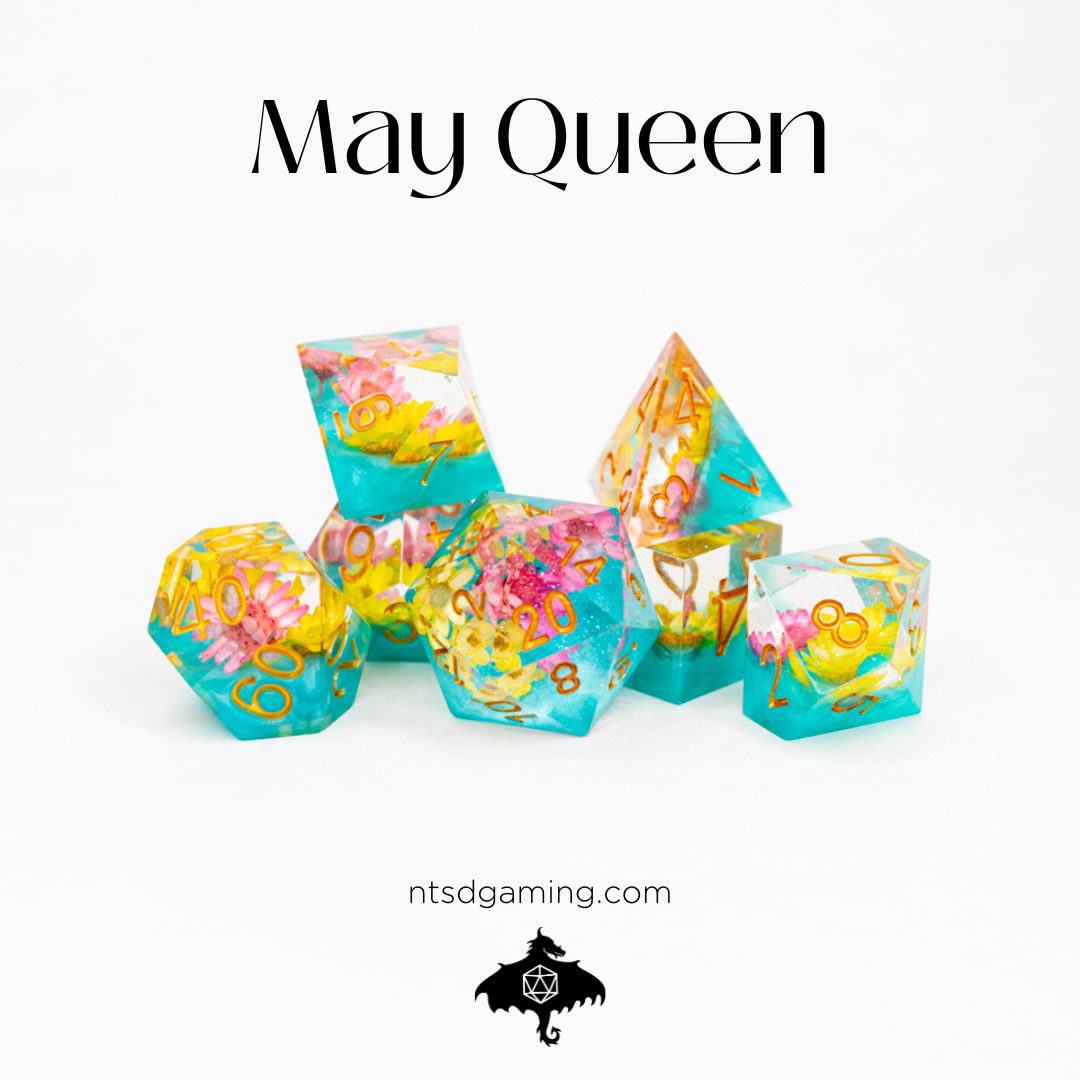 May Queen | 7 Piece Sharp Edge Resin Dice Set - Emberglow Gaming