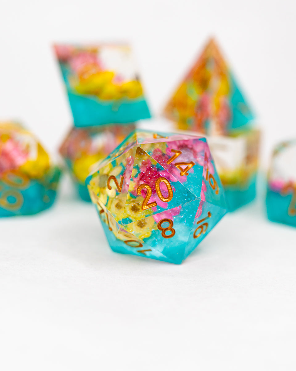 May Queen | 7 Piece Sharp Edge Resin Dice Set - Emberglow Gaming