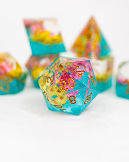 May Queen | 7 Piece Sharp Edge Resin Dice Set - Emberglow Gaming