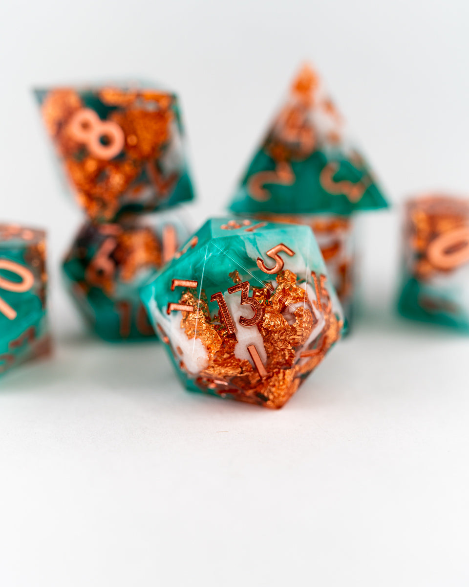 Locklost | 7 Piece Sharp Edge Resin Dice Set - Emberglow Gaming