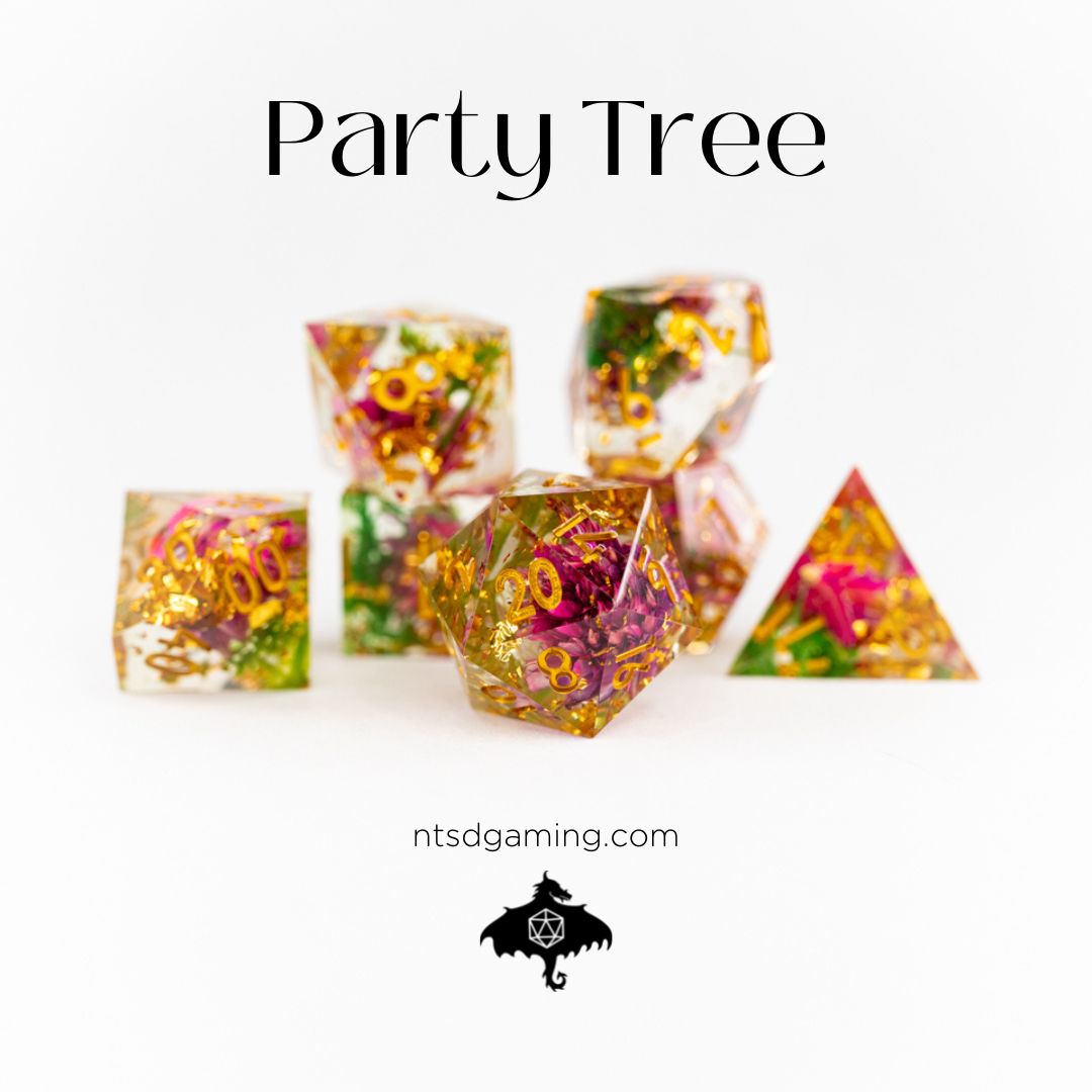 Party Tree | 7 Piece Sharp Edge Resin Dice Set - Emberglow Gaming