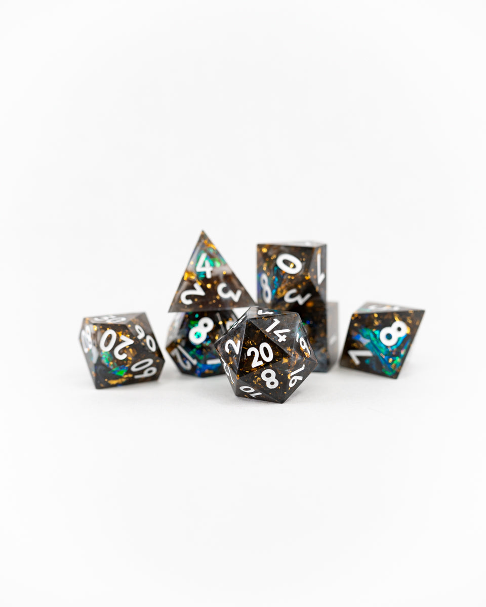 Pieces of Eight | 7 Piece Sharp Edge Resin Dice Set - Emberglow Gaming