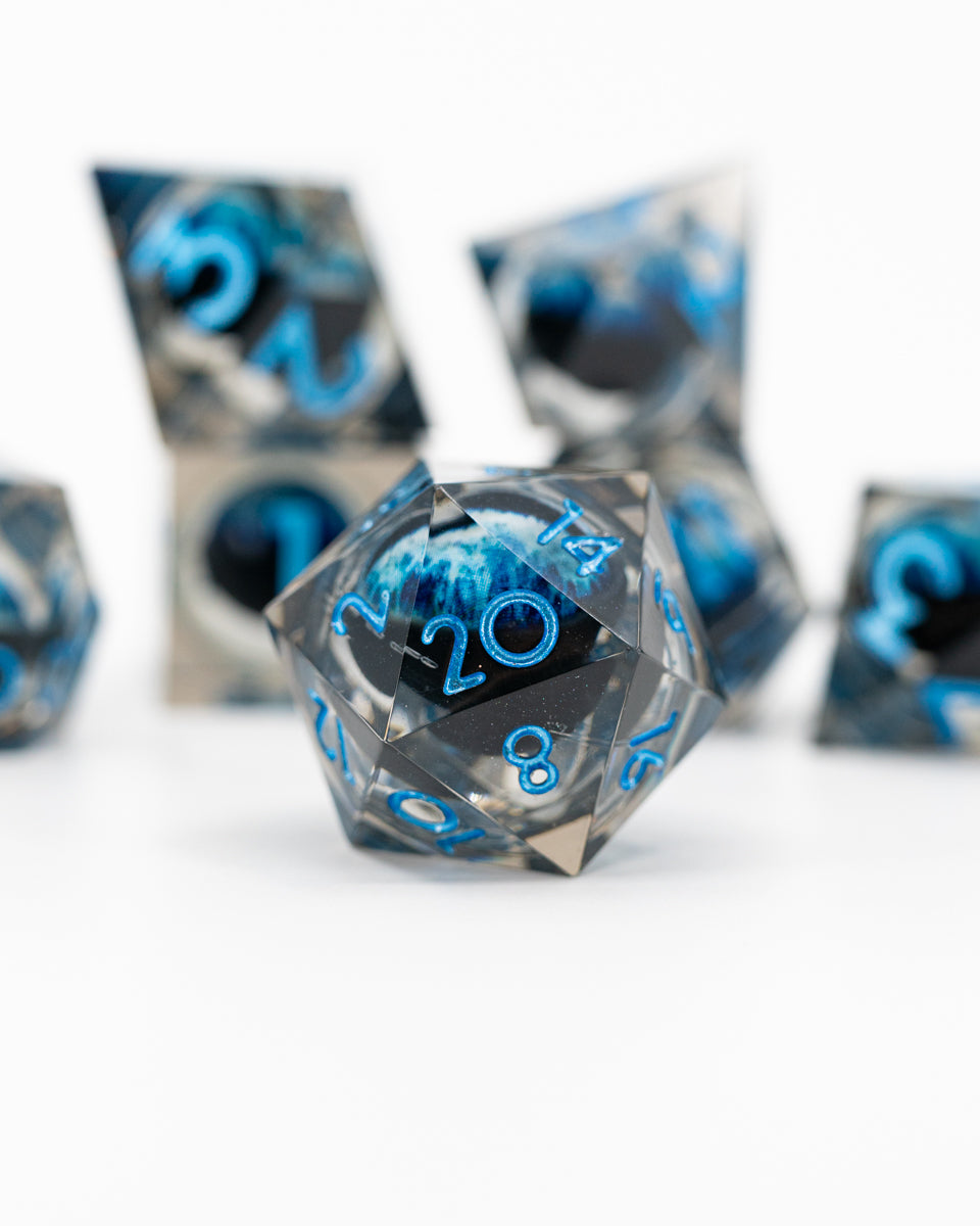 Megalodon | Floating Eye Inclusion | 7 Piece Sharp Edge Resin Dice Set - Emberglow Gaming