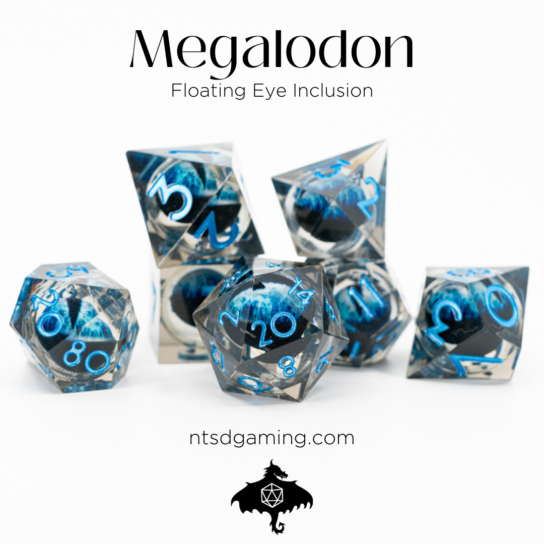 Megalodon | Floating Eye Inclusion | 7 Piece Sharp Edge Resin Dice Set - Emberglow Gaming