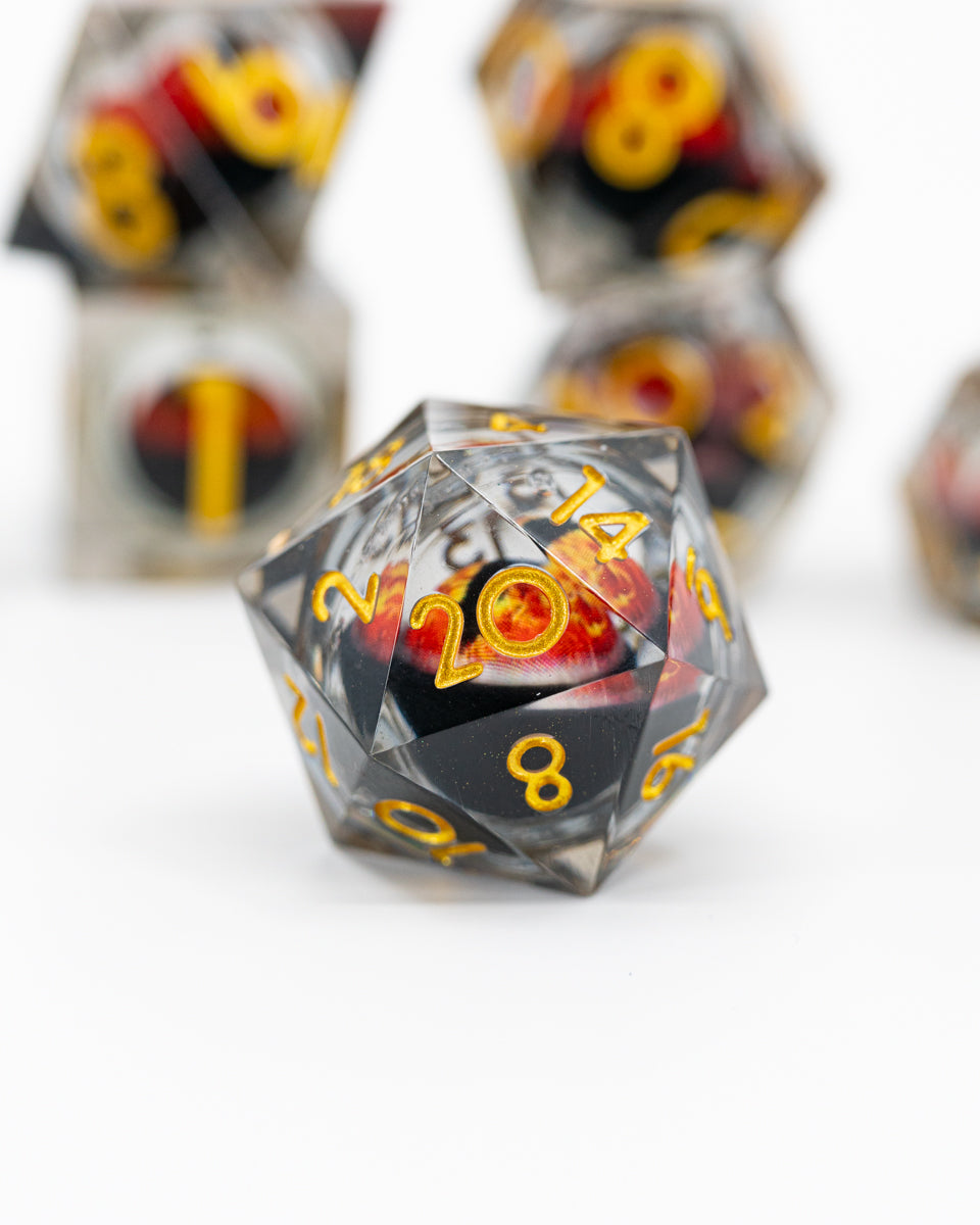 Azathoth | Floating Eye Inclusion | 7 Piece Sharp Edge Resin Dice Set - Emberglow Gaming