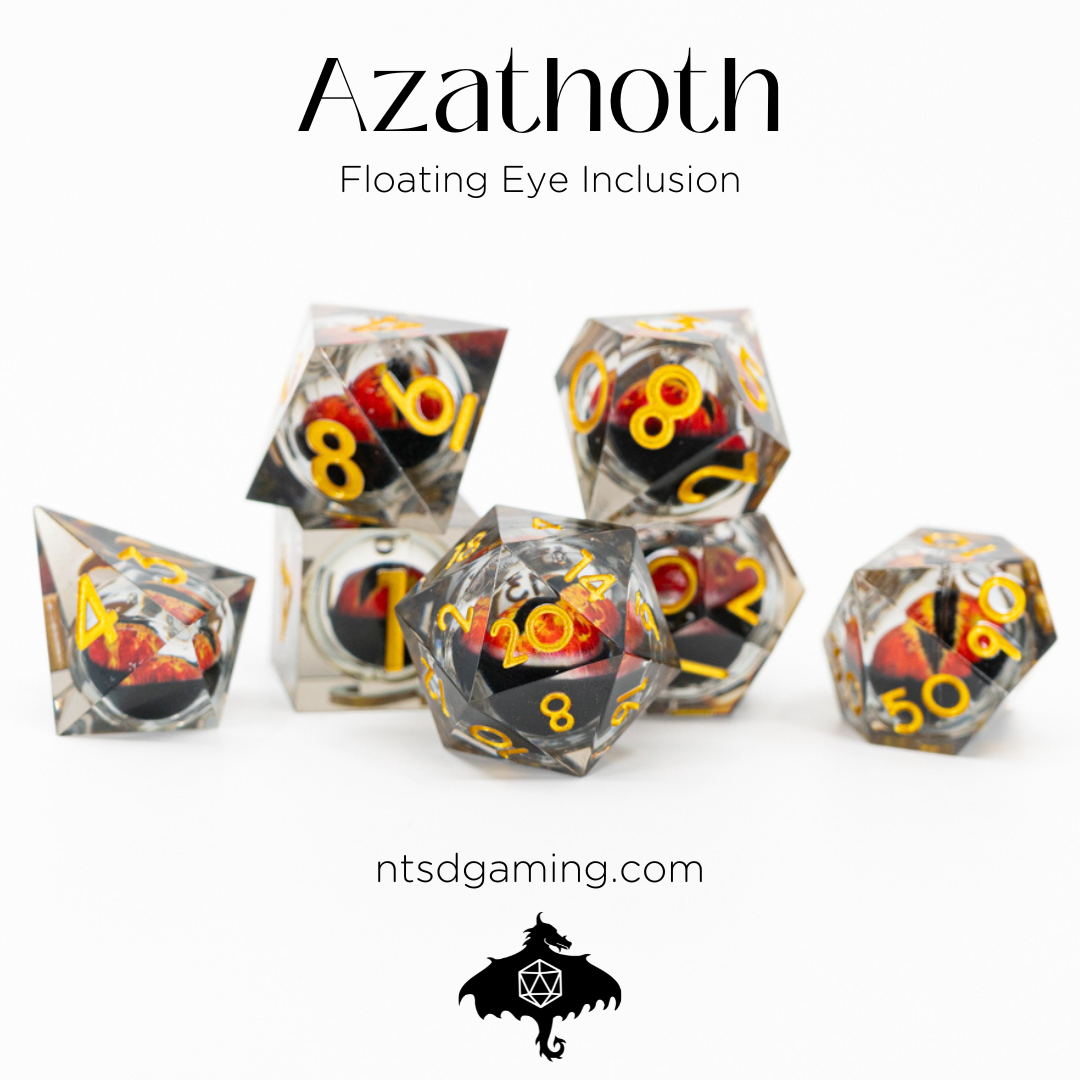 Azathoth | Floating Eye Inclusion | 7 Piece Sharp Edge Resin Dice Set - Emberglow Gaming