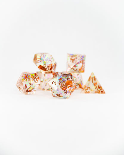 Faith's Farthing | 7 Piece Sharp Edge Resin Dice Set - Emberglow Gaming