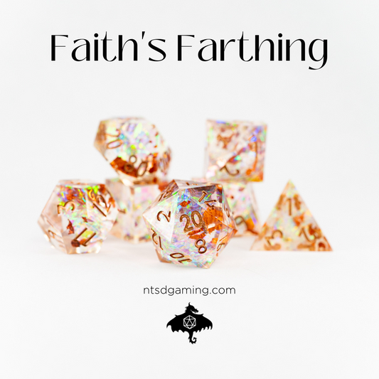 Faith's Farthing | 7 Piece Sharp Edge Resin Dice Set - Emberglow Gaming