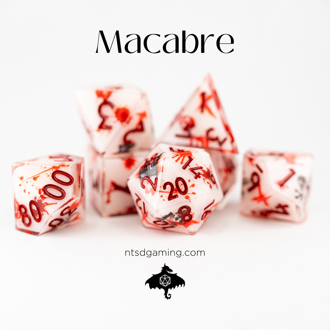 Macabre | Double Cast | 7 Piece Sharp Edge Resin Dice Set - Emberglow Gaming