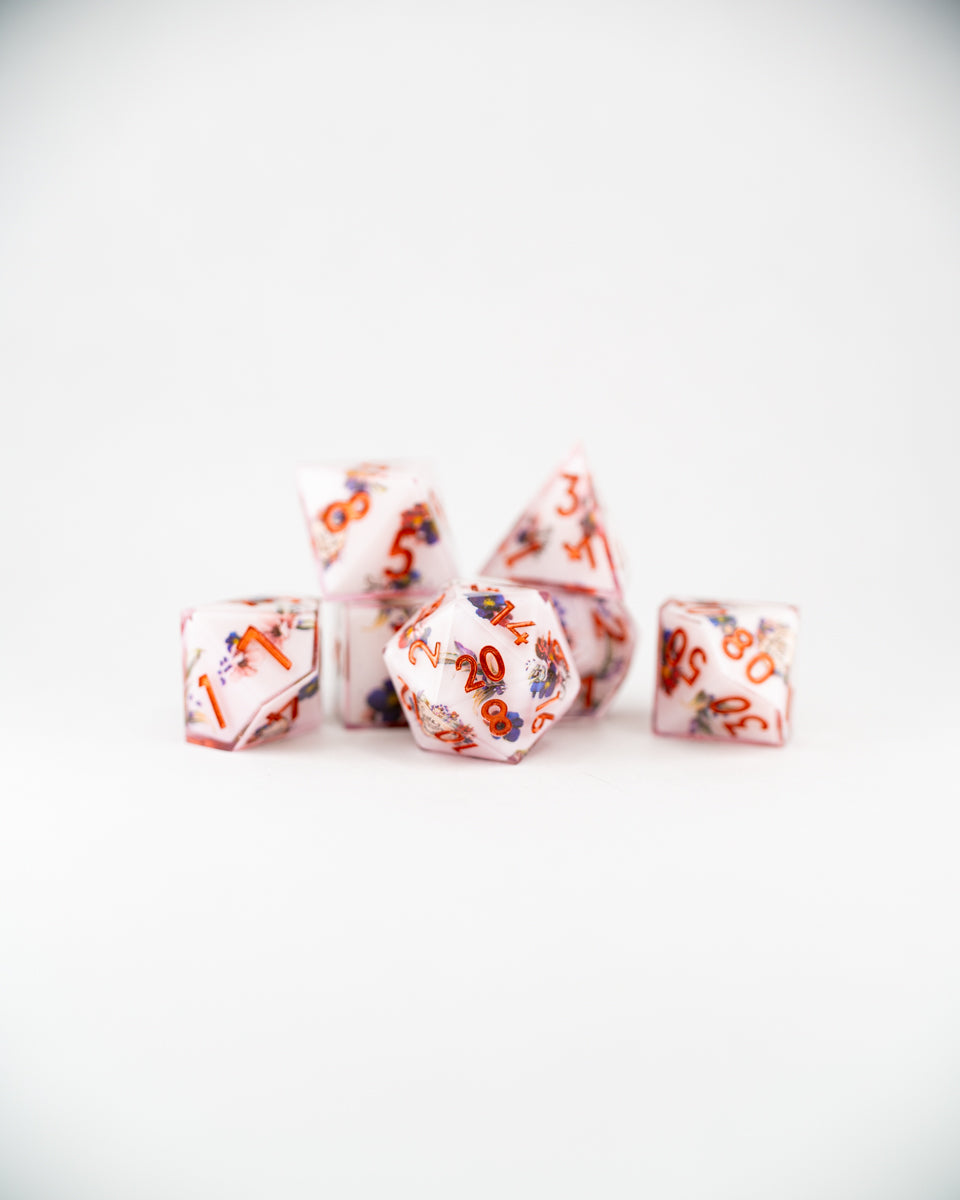 Dollhouse | Double Cast | 7 Piece Sharp Edge Resin Dice Set - Emberglow Gaming