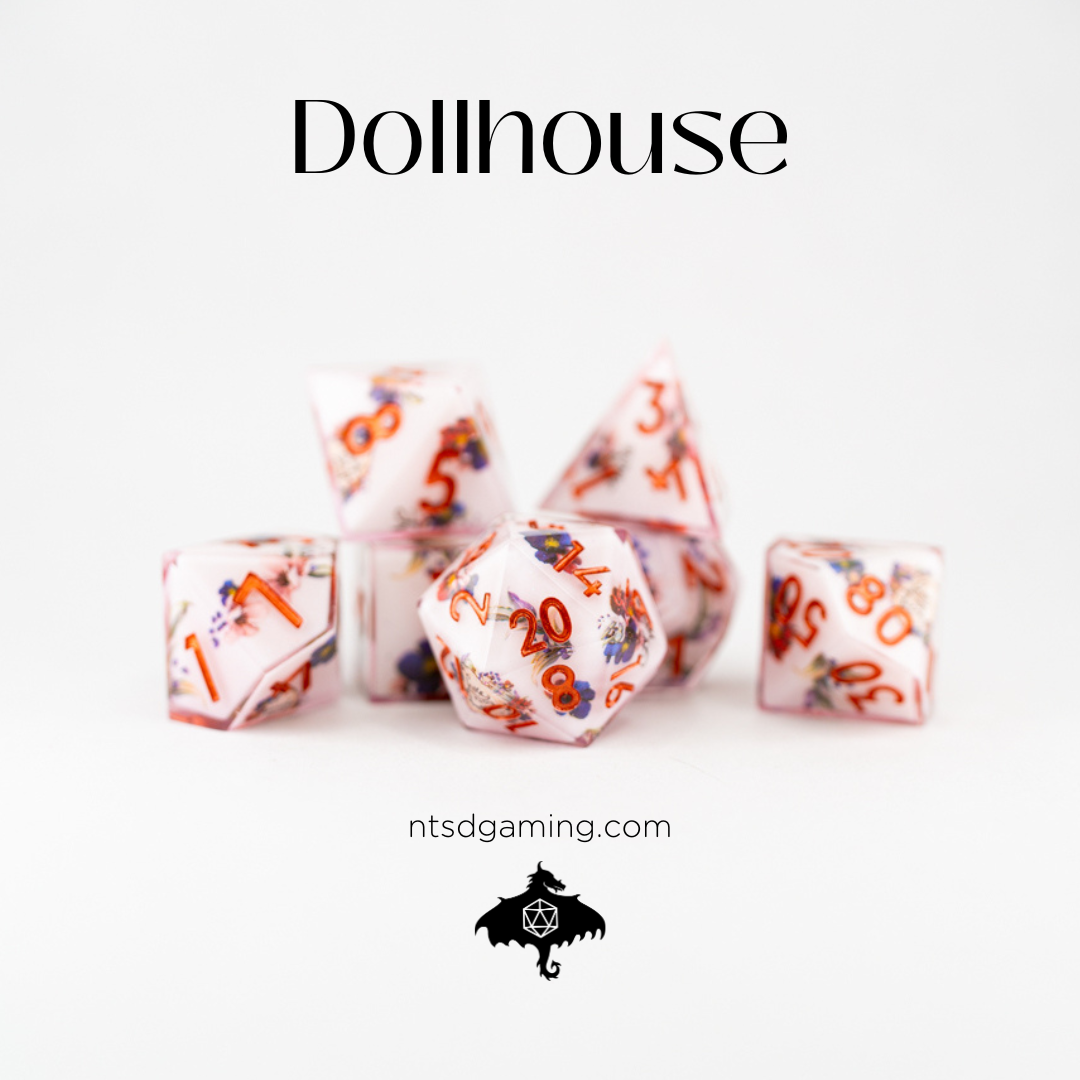 Dollhouse | Double Cast | 7 Piece Sharp Edge Resin Dice Set - Emberglow Gaming