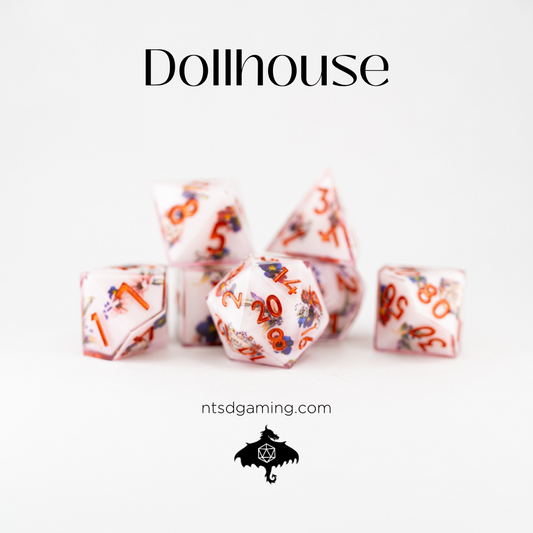 Dollhouse | Double Cast | 7 Piece Sharp Edge Resin Dice Set - Emberglow Gaming