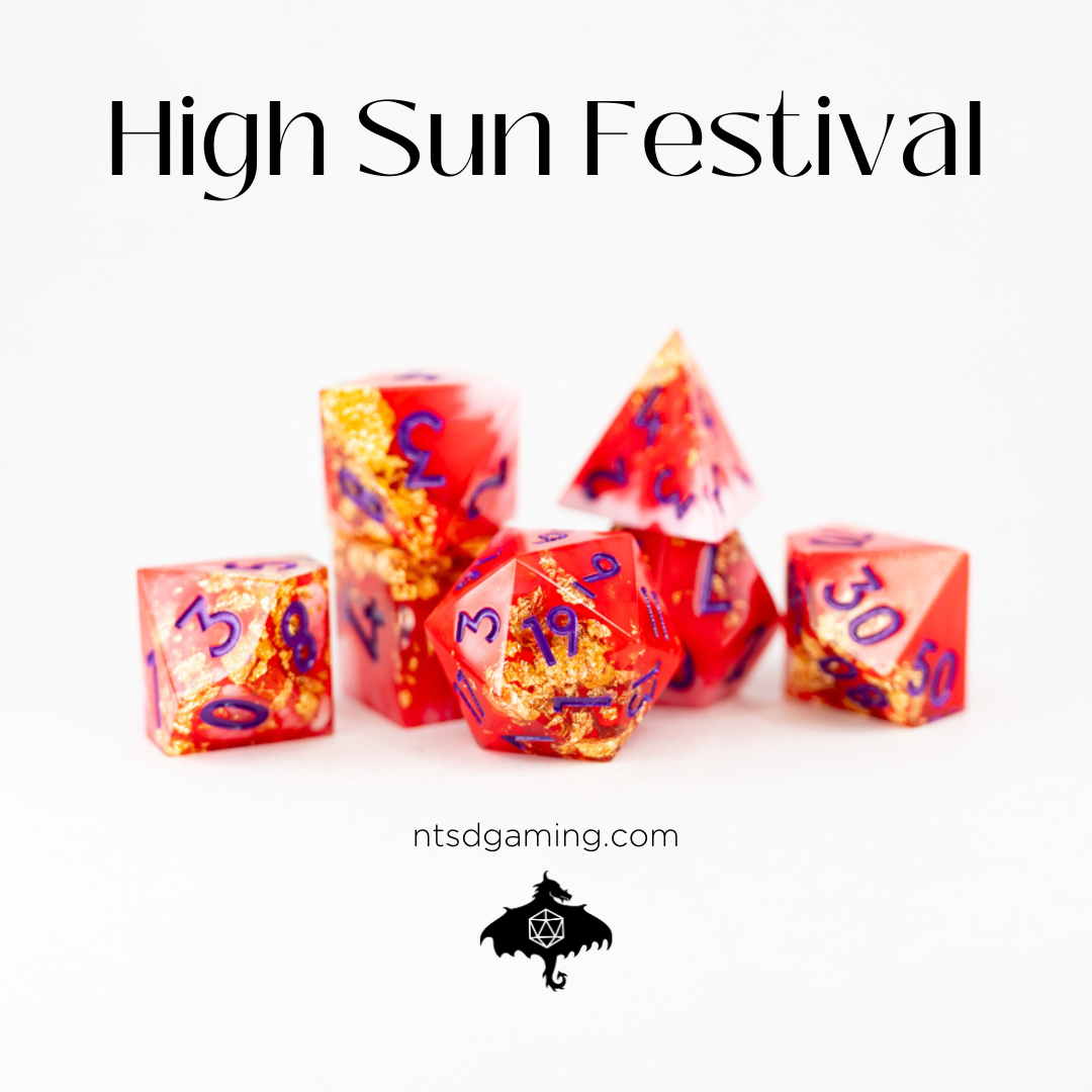 High Sun Festival | 7 Piece Sharp Edge Resin Dice Set - Emberglow Gaming