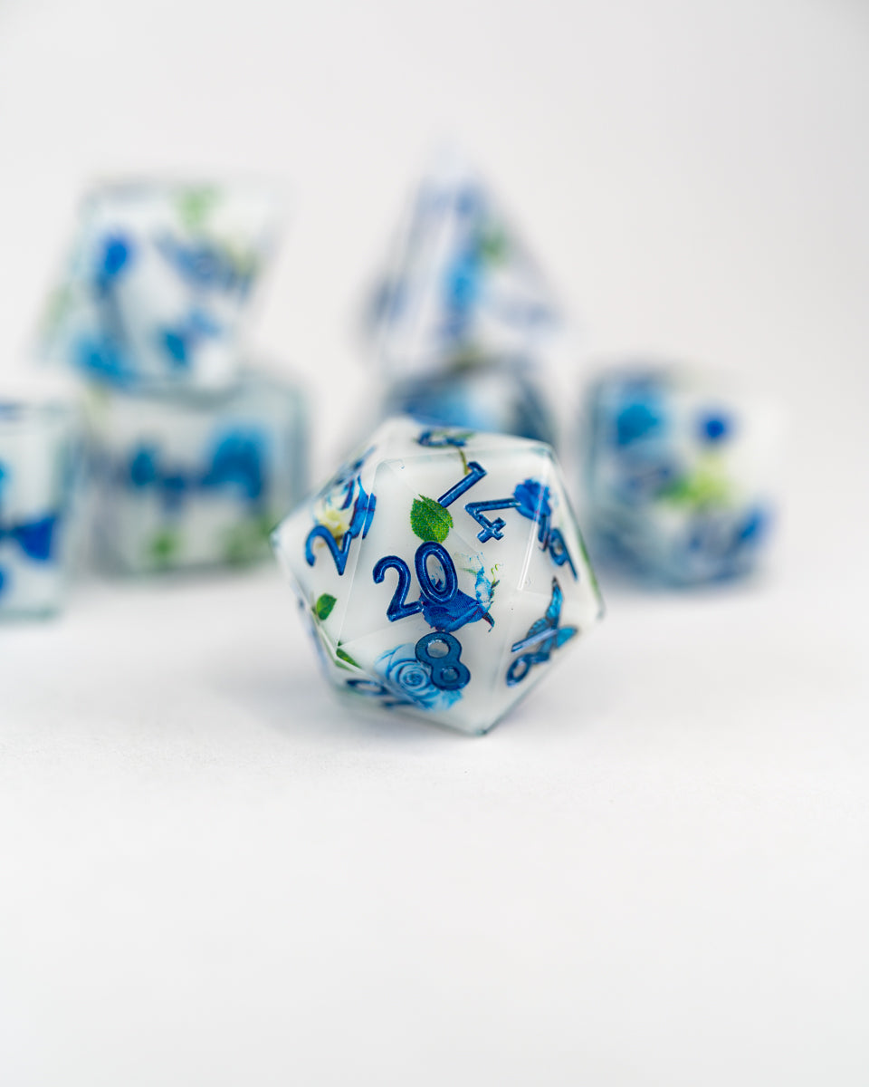 Morri's Parlour | Double Cast | 7 Piece Sharp Edge Resin Dice Set - Emberglow Gaming