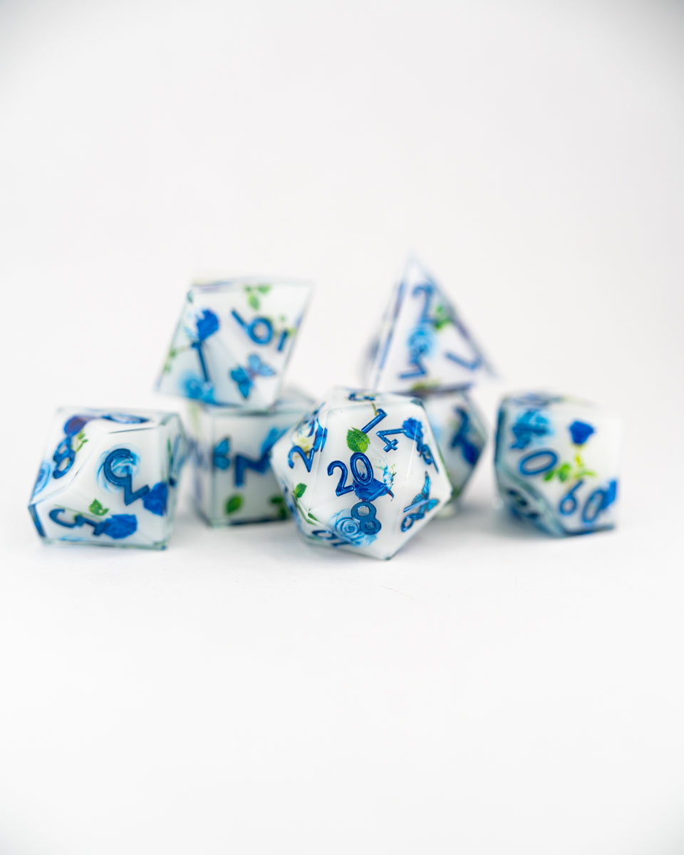 Morri's Parlour | Double Cast | 7 Piece Sharp Edge Resin Dice Set - Emberglow Gaming