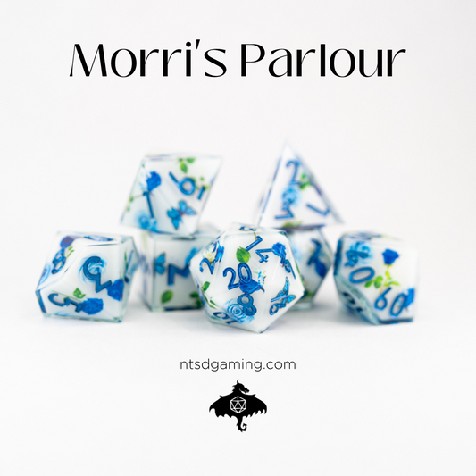 Morri's Parlour | Double Cast | 7 Piece Sharp Edge Resin Dice Set - Emberglow Gaming