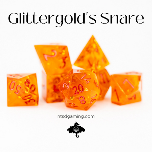 Glittergold's Snare | 7 Piece Sharp Edge Resin Dice Set - Emberglow Gaming