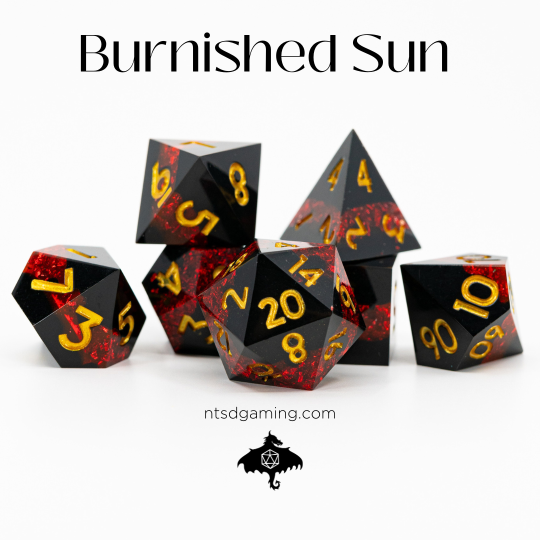 Burnished Sun | 7 Piece Sharp Edge Dice Set - Emberglow Gaming