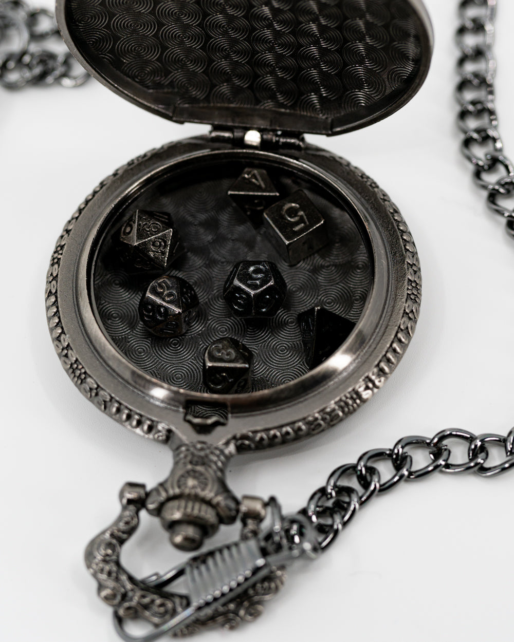 Ironside | Iron Pocket Watch with 7 Piece Micro Mini Metal Dice Set - Emberglow Gaming