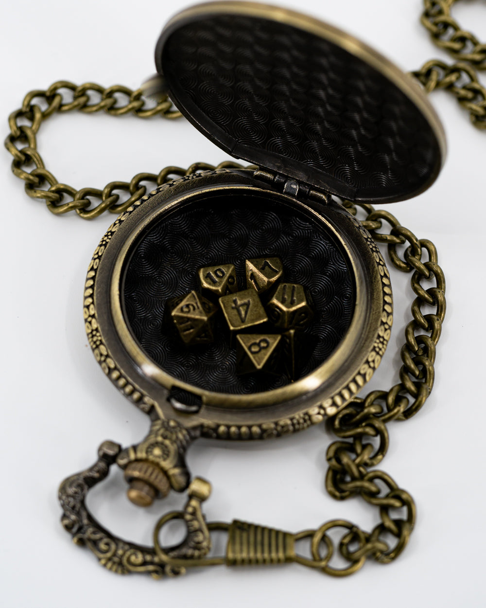 Bloodaxe | Brass Pocket Watch with 7 Piece Micro Mini Metal Dice Set - Emberglow Gaming