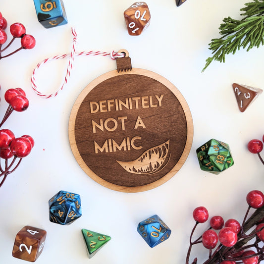 Definitely Not A Mimic | Wooden Ornament - Emberglow Gaming