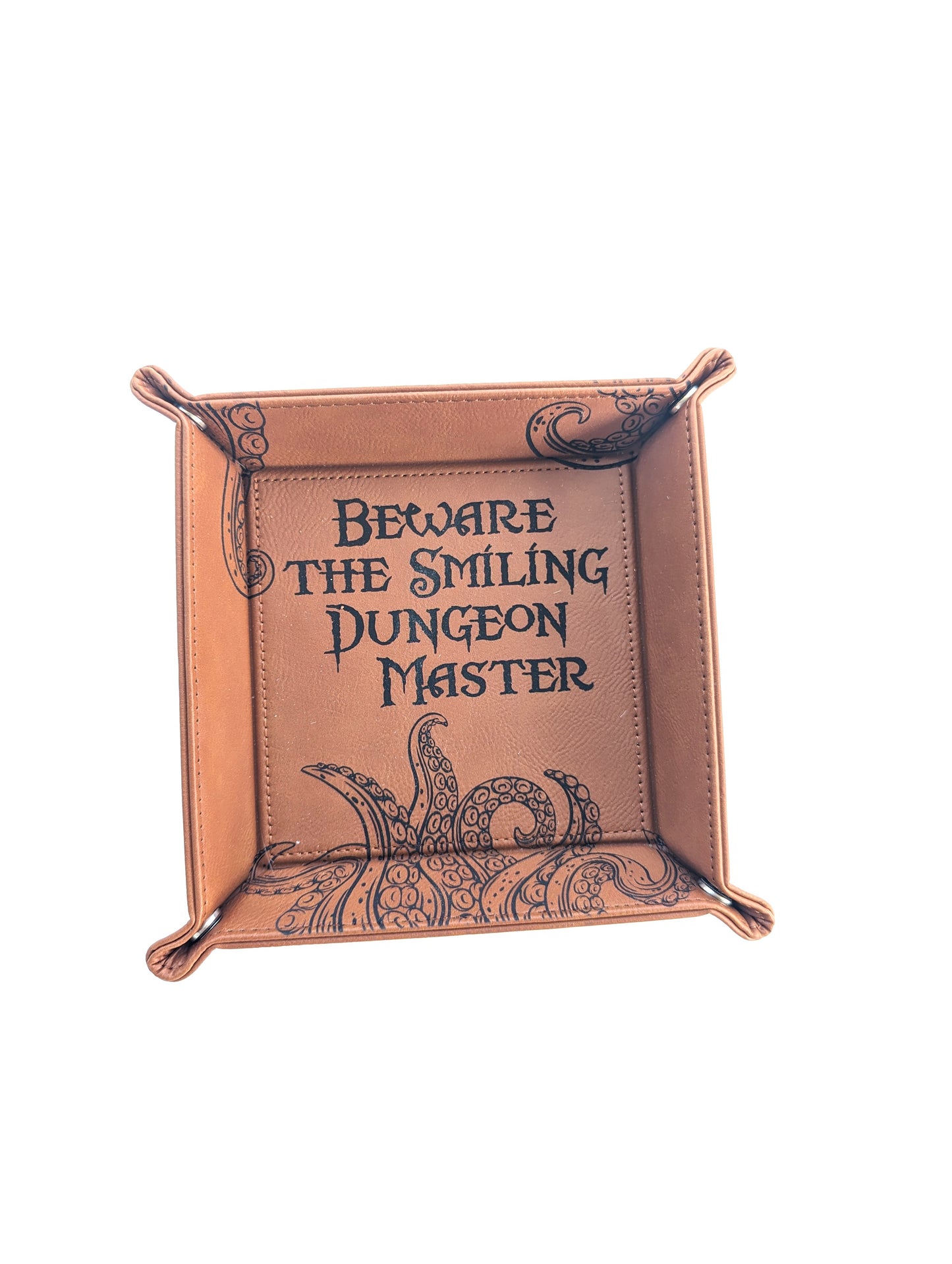 Beware the Smiling DM | Vegan Leather Dice Rolling Tray - Emberglow Gaming