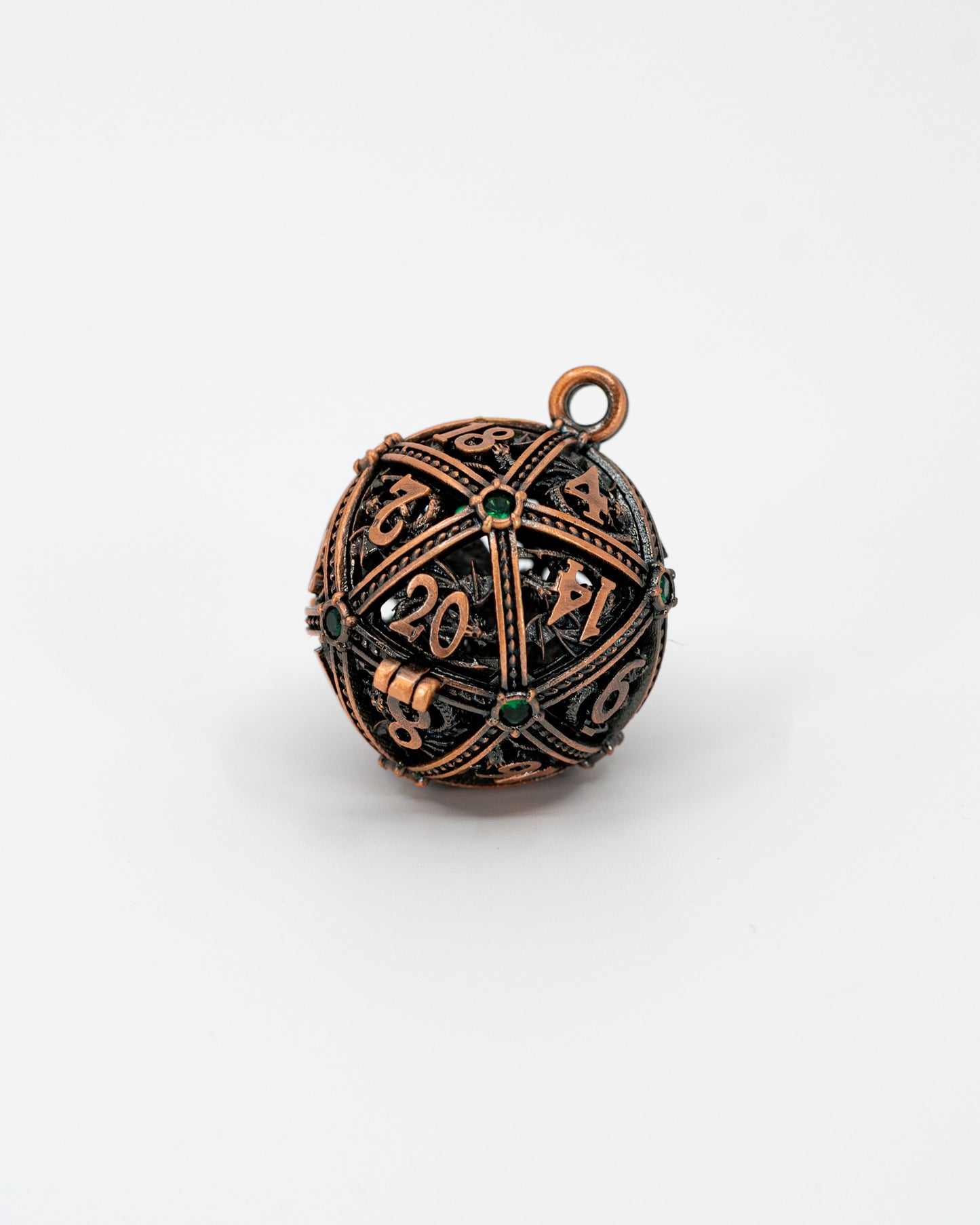 D20 Hollow Sphere Pendant with Micro Metal Dice - Emberglow Gaming