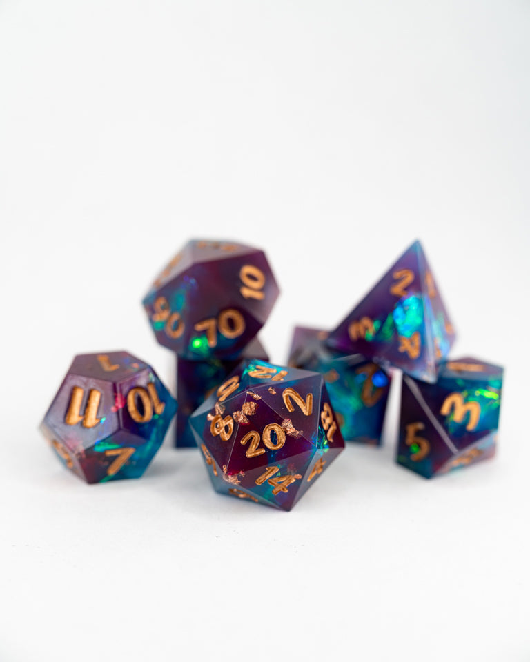 Artificer's Amulet | 7 Piece Sharp Edge Resin Dice Set - Emberglow Gaming