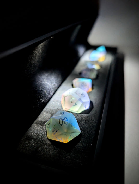 Hallowed Heavens | Frosted Infinity Prism Glass | 7 Piece Glass Dice Set - Emberglow Gaming