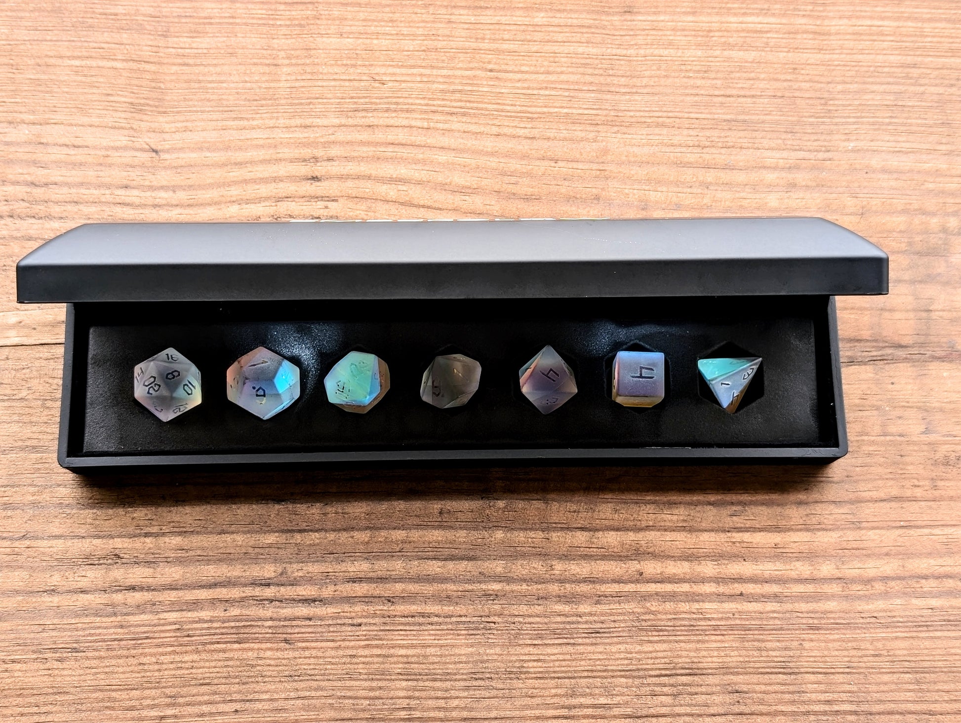 Hallowed Heavens | Frosted Infinity Prism Glass | 7 Piece Glass Dice Set - Emberglow Gaming