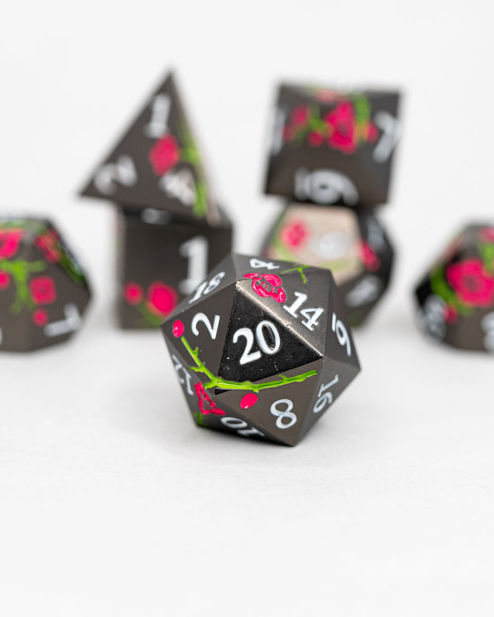 Sakura | Etched Flowers | 7 Piece Metal Dice Set - Emberglow Gaming