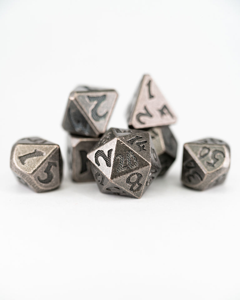 Rivet and Rock | Large Font | 7 Piece Metal Dice Set - Emberglow Gaming