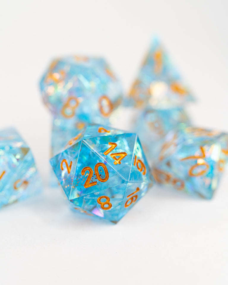 Fires of Elysium | 7 Piece Sharp Edge Resin Dice Set - Emberglow Gaming