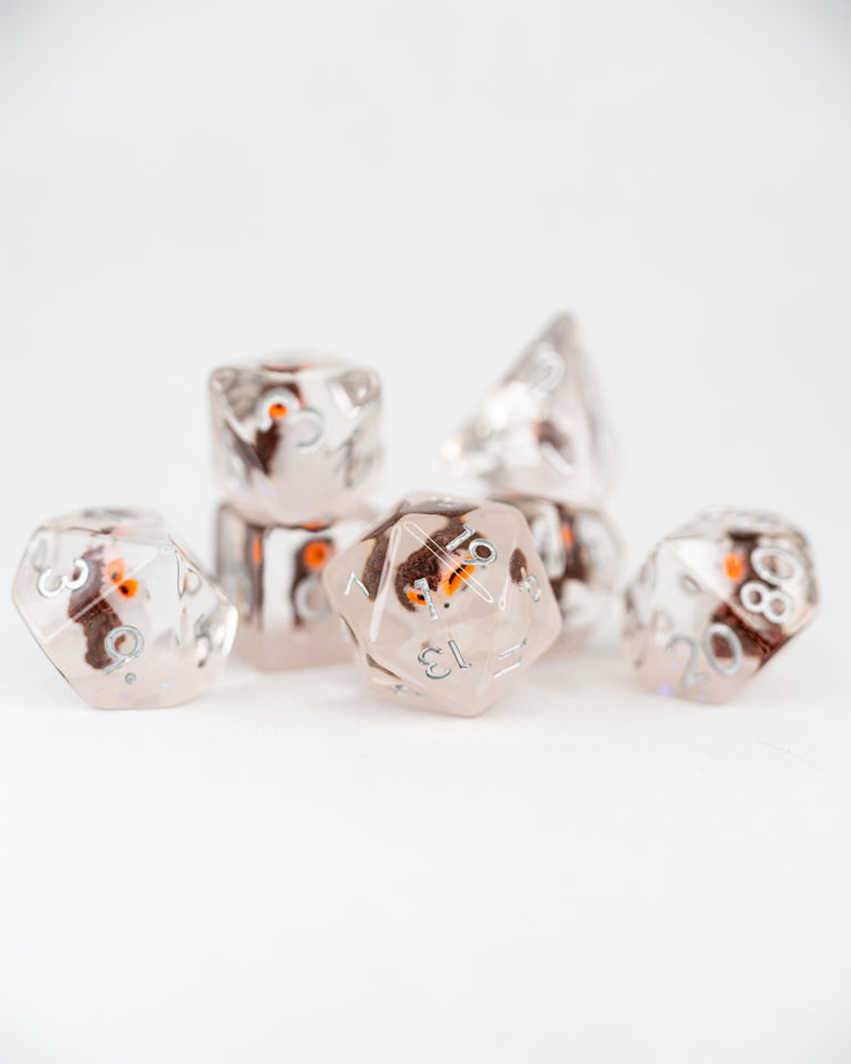 Glimfeather | Owl | 7 Piece Acrylic Inclusion Dice Set