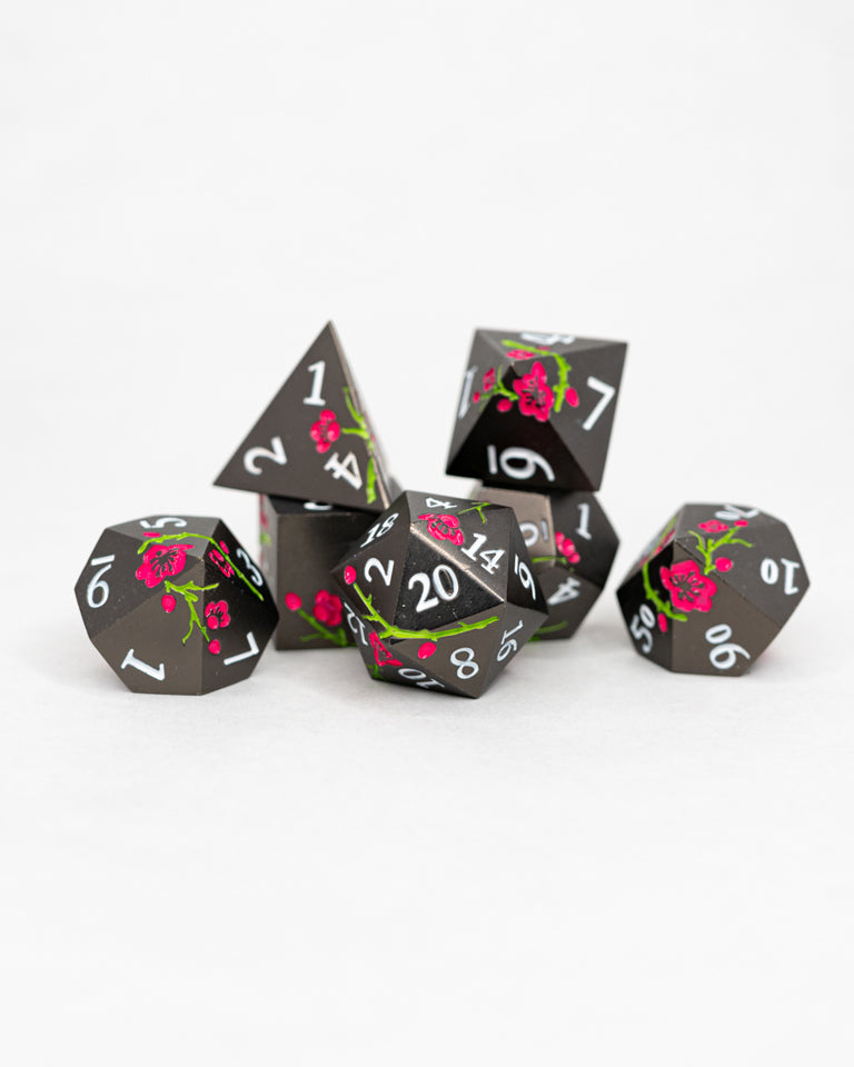 Sakura | Etched Flowers | 7 Piece Metal Dice Set - Emberglow Gaming